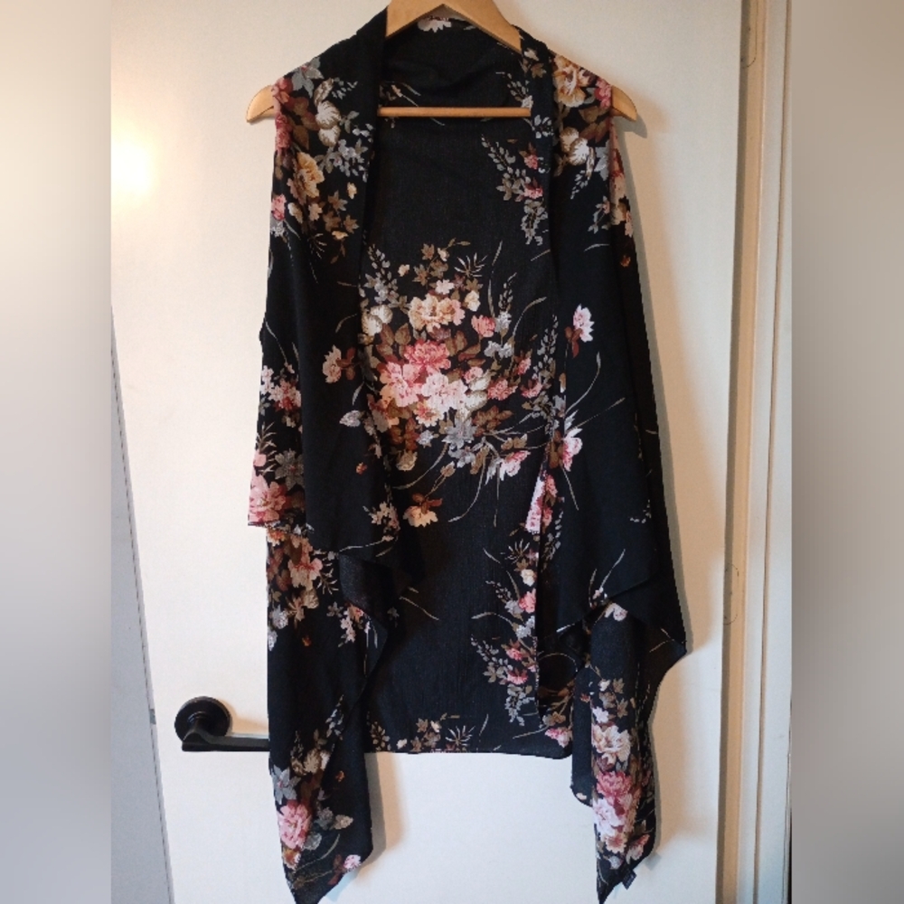 Black Floral Sleeveless Kimono Cardigan Vest Shawl Wrap